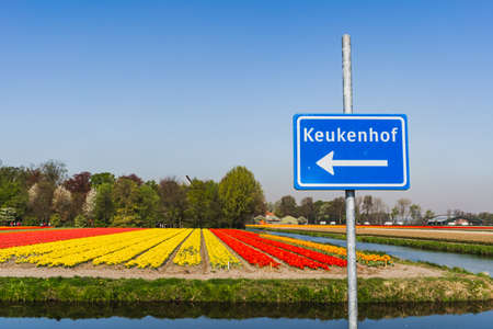 Keukenhof, Netherlands - April 21, 2019: Sign outside Keukenhof tulips garden with tulip filed in the backgroundのeditorial素材
