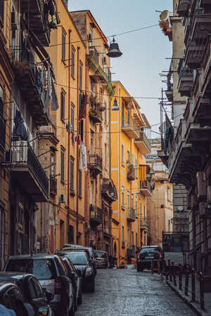Naples, Italy - August 9, 2019: City street with residents balcony in historic centerのeditorial素材