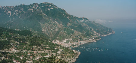 Top view of Minori beach on foggy mountain village Ravello in Amalfi coast, Italyの写真素材