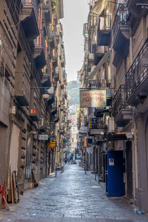 Naples, Italy - August 15, 2019: City street with residents balcony in historic centerのeditorial素材