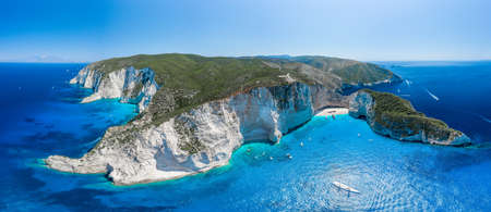 Aerial panorama drone shot of Zakynthos north end with Navagio beach and yachts in Ionian seaの写真素材