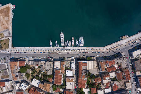 Overhead aerial drone shot of Argostolion bund street in summer afternoon in Kefalonia islandの写真素材