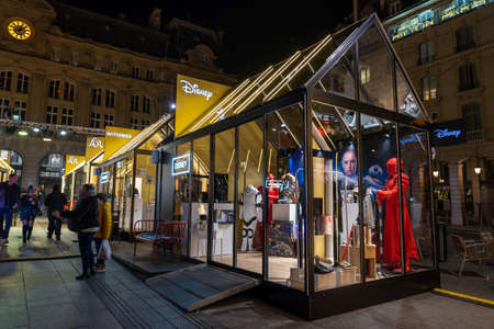 Paris, France - December 4, 2019: Christmas Pop-up transparent store of Disney, Withings, Lor outside trainstation Gare de St Lazareのeditorial素材