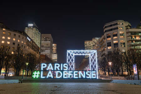 Paris, France - December 4, 2019: Paris La Defense Lights settings in Esplanade de La Defense in CBD financial districtのeditorial素材