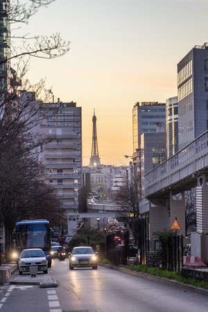 Paris, France - December 10: Street view of Eiffel tower in distのeditorial素材