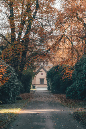 Chapel at end of alley with orange leaves in Ohlsdorf Cemetery in fall, Hamburg city, Germany