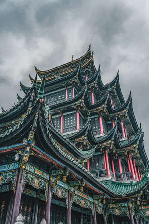 Ancient Hong'en Pagoda tower with green brick red columns in Chongqing, southwest metropolis in Chinaの写真素材