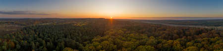 Aerial panoramic drone shot of Luneberg Heide forests pine trees forests woodland during sunset in autumnの写真素材