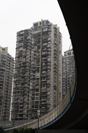 Chongqing, China - Dec 20, 2019: Skyscraper view from under flyover