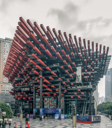 Chongqing, China - Dec 22, 2019: Guotai Artistic Center with red chopstick exterior