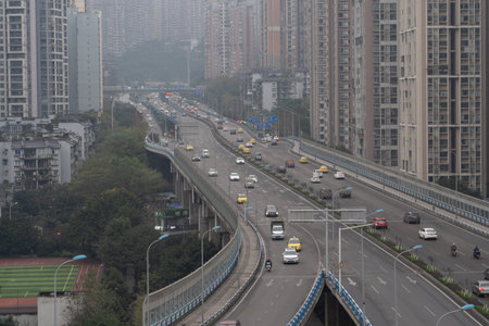 Chongqing, China - Dec 20, 2019: Traffice on elevated road in the morning time