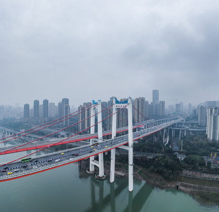 Dec 22, 2019 - Chongqing, China: Aerial drone shot of E'gongyan bridge by Jialing riverのeditorial素材