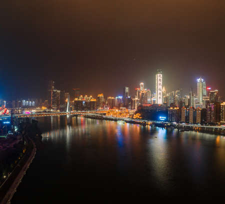 Aerial night view of Hong Ya Dong cave by Jialing riverのeditorial素材