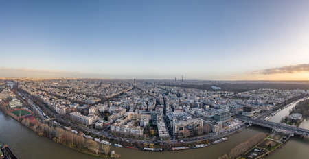 Aerial drone shot of districts Neuilly sur Seine in Paris with Tour Eiffel Montparnasse Jardin acclimatationのeditorial素材