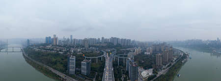 Aerial drone shot of Caiyuanba Flyover with traffic in bleak morning timeのeditorial素材