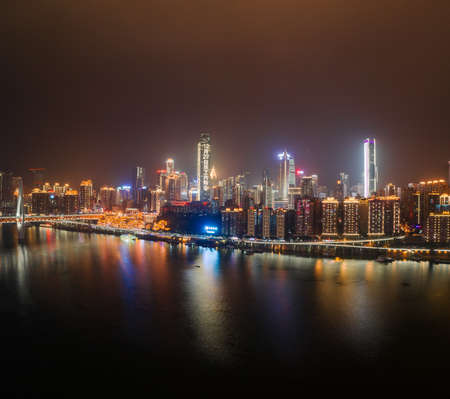 Aerial night view of Hong Ya Dong cave by Jialing riverのeditorial素材