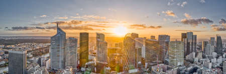 Aerial pano drone shot of La Defense skyscraper complex view from Courbevoieのeditorial素材