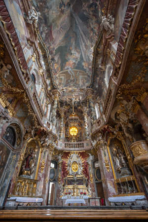 Ultrawide view of Interior of Asamkirche baroque church with altar and ceiling viewのeditorial素材