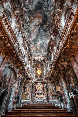 Interior of Asamkirche baroque church with altar and ceiling viewのeditorial素材