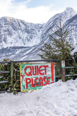 Sign of Quiet Please at view point in Hallstatt villageのeditorial素材
