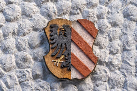 Coat of arms of Austrian village Hallstatt on the wallのeditorial素材