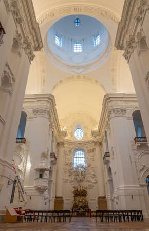 Upward view of interior of Kollengienkirche Collegiate Church with baroque decorations and domeのeditorial素材