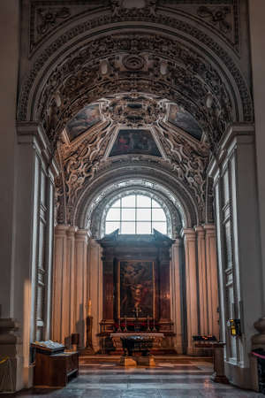 Aisle view with baroque ornamentation ceiling inside Salzburg Cathedralのeditorial素材
