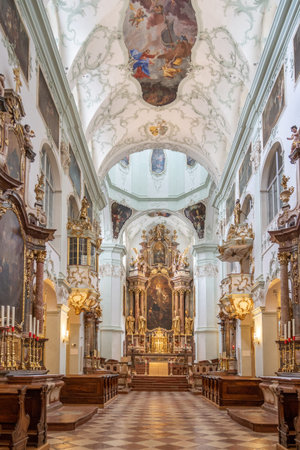 Nave view of Rococo Ornamentated Abbey church interior inside St Peter Abbey