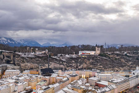 Feb 5, 2020 - Salzburg, Austria: Aerial view of Museum of Modern Art Salzburg on the hill of Monchsberg at dusk timeのeditorial素材
