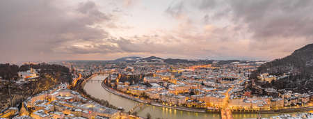 Panoramic Aerial view of Museum of Modern Art Salzburg on the hill of Monchsberg at dusk timeのeditorial素材