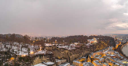 Feb 5, 2020 - Salzburg, Austria: Aerial view of Museum of Modern Art Salzburg on the hill of Monchsberg at dusk timeのeditorial素材