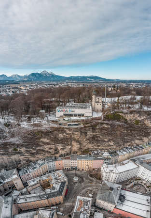 Aerial drone shot of Modern Art Museum on top of Monchsberg with view of untersbergのeditorial素材
