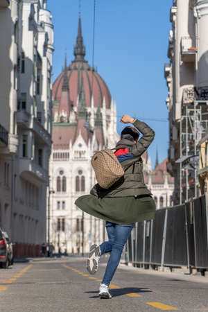 Tourist dance on Akademia street with view of Hungarian Parliamentのeditorial素材