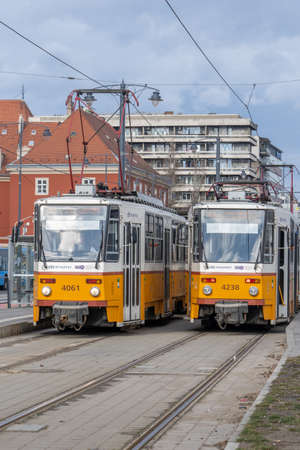 Famous yellow tram on Budapest streetのeditorial素材