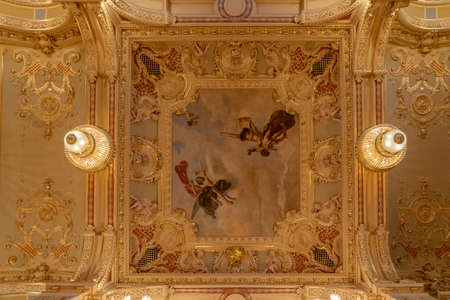 Upward view of ornamental ceiling inside New York Cafe in Budapestのeditorial素材