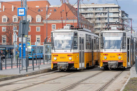Famous yellow tram on Budapest streetのeditorial素材