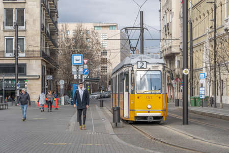 Famous yellow tram on Budapest streetのeditorial素材