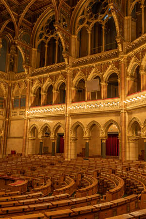 Budapest, Hungary - Feb 10, 2020: Left side view of National Assembly Parliament golen conference roomのeditorial素材