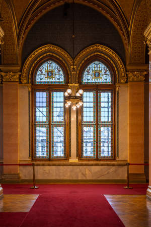 Budapest, Hungary - Feb 10, 2020: Stained glasses under gold rib vaults ceiling in Budapest winterのeditorial素材