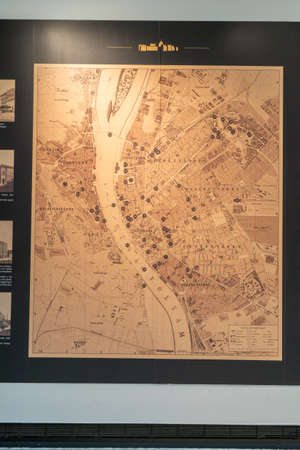 Budapest, Hungary - Feb 10, 2020: Map of Budapest city in ancient times inside Parliament buildingのeditorial素材