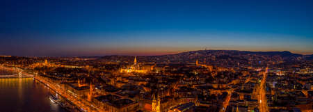 Aerial drone shot of Fisherman Bastion on buda hill in Budapest twilight in winterの写真素材