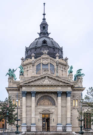 Budapest, Hungary - Feb 10, 2020: Szechenyi Thermal Bath entrance baraoque style domeのeditorial素材