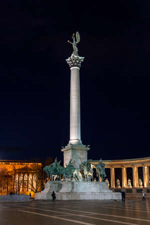 Budapest, Hungary - Feb 10, 2020: Archangel Gabriel on column in Heroes Squares in the nightのeditorial素材