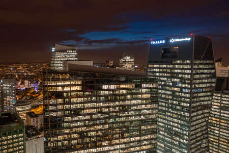 Aerial drone shot of La Defense CBD office building Tour CBX with gym in dusk hourのeditorial素材