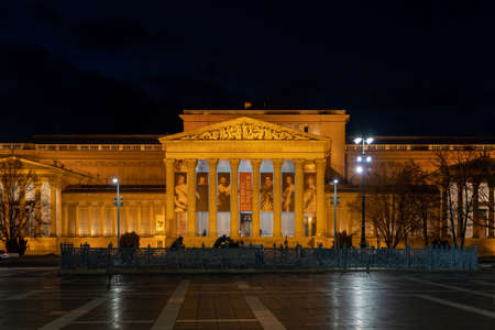Budapest, Hungary - Feb 10, 2020: Museum of fine arts at Heroes Square in dusk hour with lights onのeditorial素材