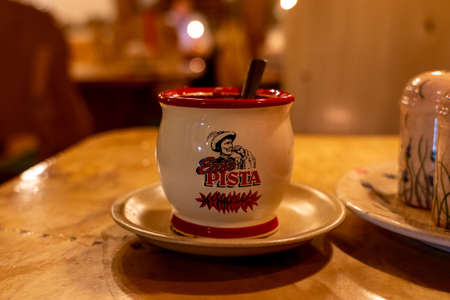Budapest, Hungary - Feb 10, 2020: Traditional Hungarian dish Gulash Gulays in traditional bowl in restaurantのeditorial素材
