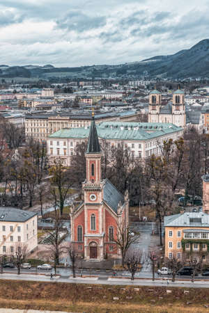 Protestant parish Salzburg Christ Church in front of Mirabelle Paace in Austriaの写真素材