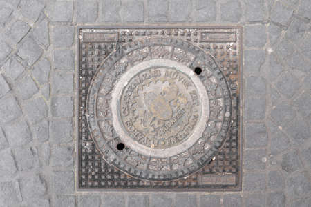 Metal cover of Sewer of Budapest on buda hill in winter timeのeditorial素材