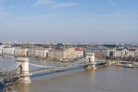View of Szenchenyi Chain bridge over Danube river in Budapest winter timeのeditorial素材