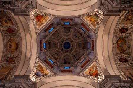 Ultrawide view of ceiling dome of Salzburg Cathedral with low lightのeditorial素材
